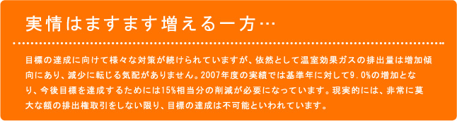 目標の達成に向けて様々な対策が続けられていますが、以前として温室効果ガスの排出量は増加傾向にあり、現象に転じる気配がありません。２００７年度の実績では基準年にたいして９．０％の増加となり、今後目標を達成するためには１５％相当分の削減が必要になっています。現実的には、非常に莫大な額の排出権取引をしない限り、目標の達成は不可能といわれています。